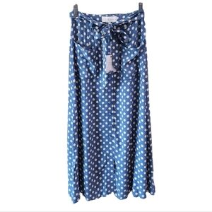 L'Academie Navy Blue and White Polka Dot Midi Skirt with Tie Waist